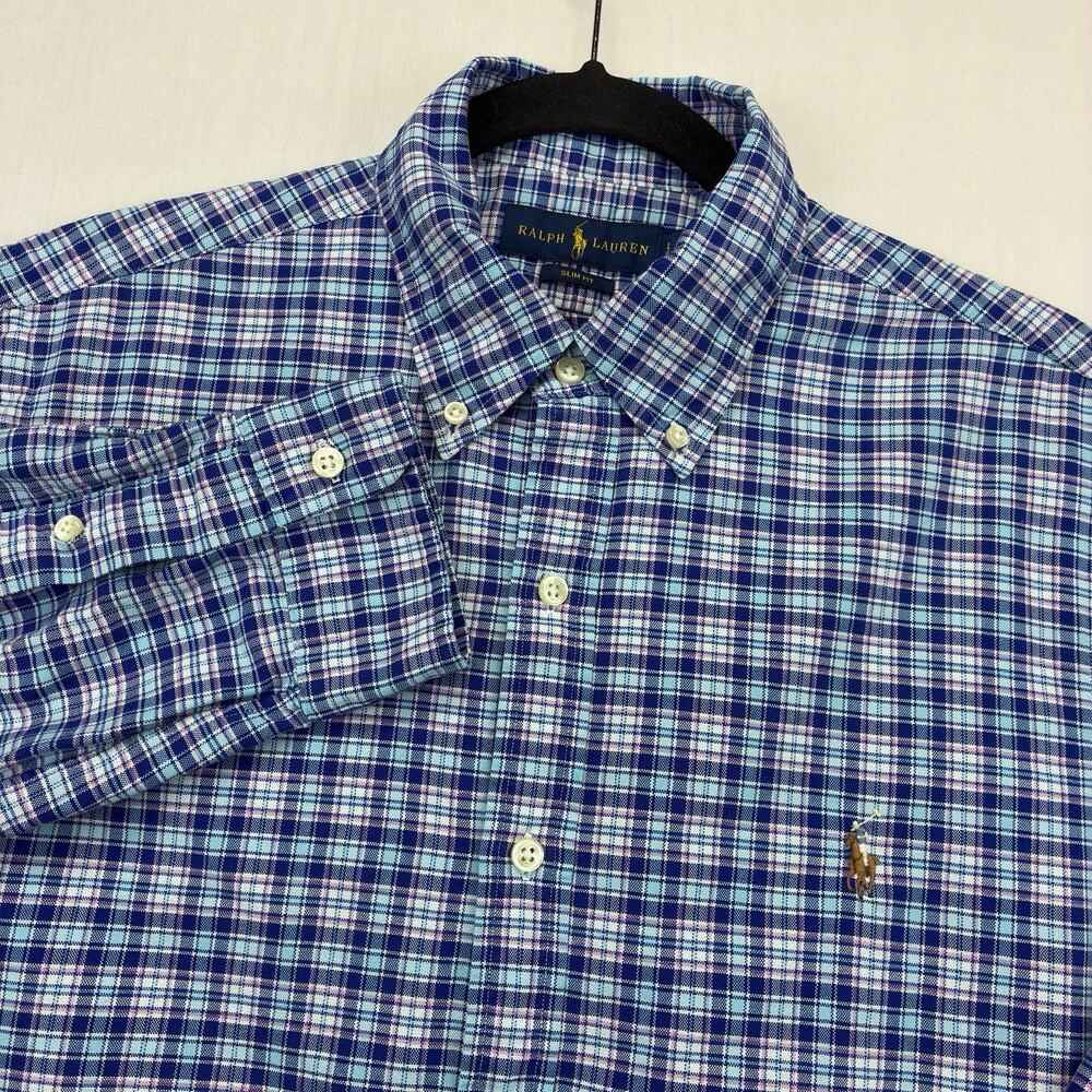 Ralph Lauren Button Up Shirt Men’s Large Blue Plaid Slim Fit Pony Cotton
